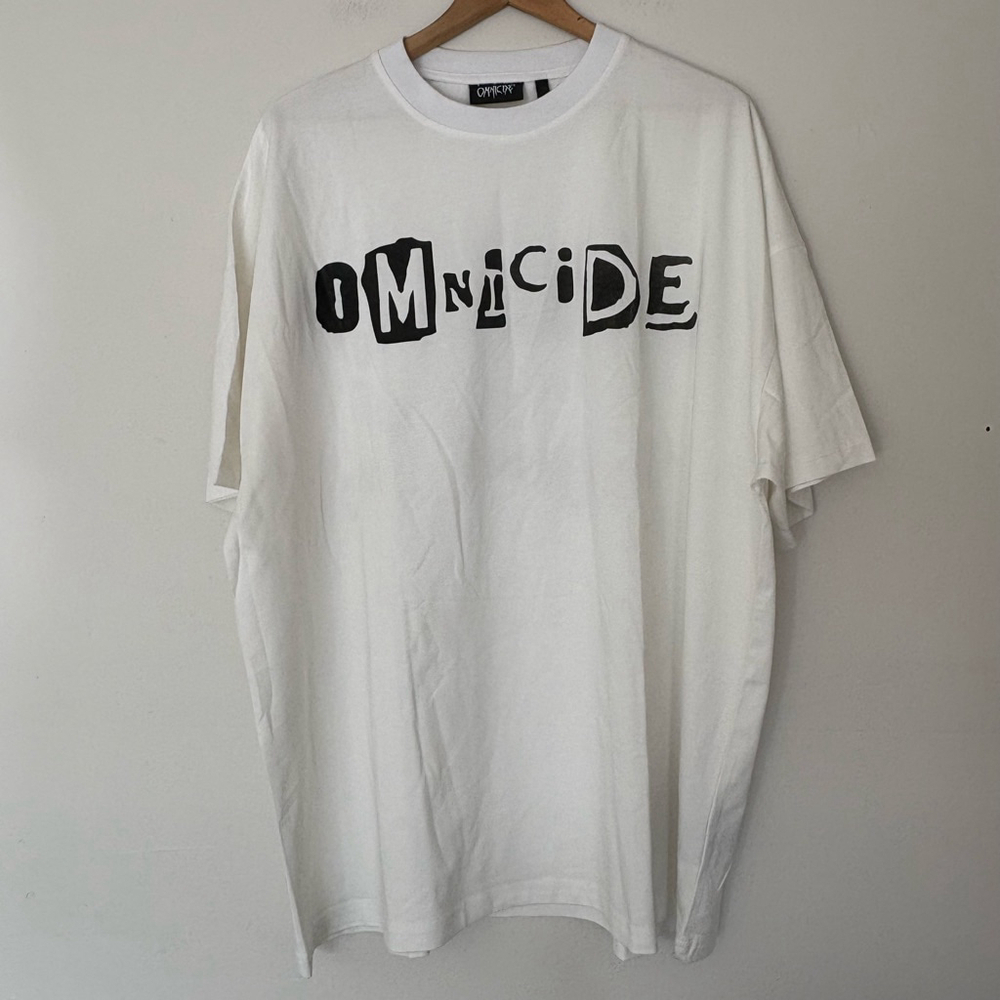 Men's Omnicide Graphic T-shirt Size M White black lettering crew neck